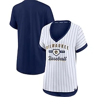 Women's Fanatics White/Navy Milwaukee Brewers Iconic Noise Factor Pinstripe V-Neck T-Shirt