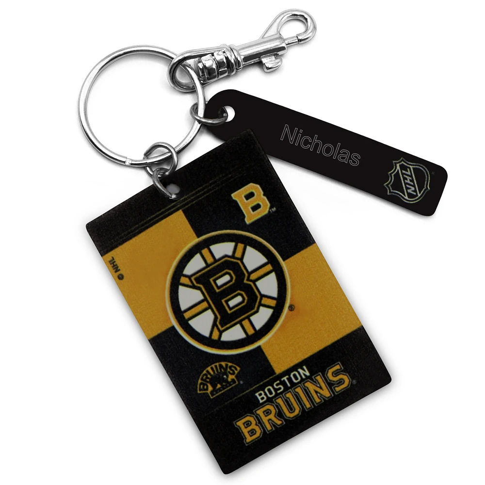 Black Boston Bruins Personalized Leather Rectangle Keychain