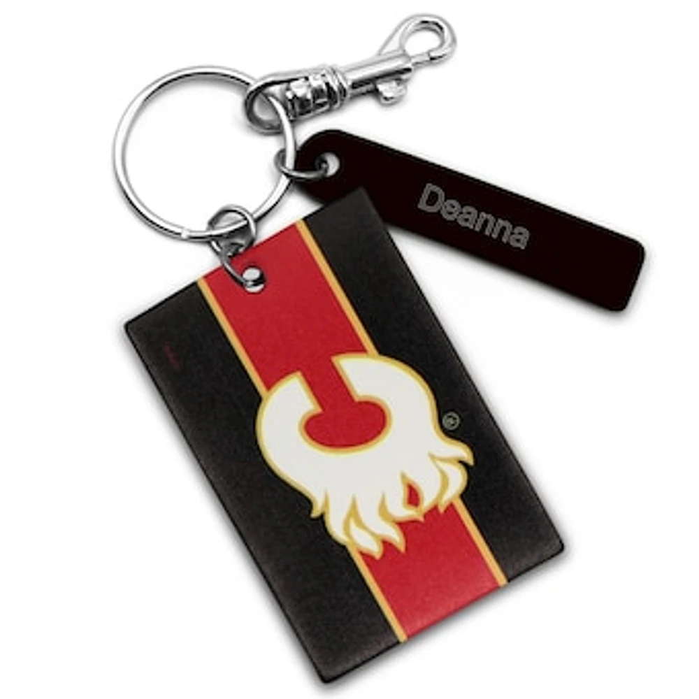 Black Calgary Flames Personalized Leather Rectangle Keychain