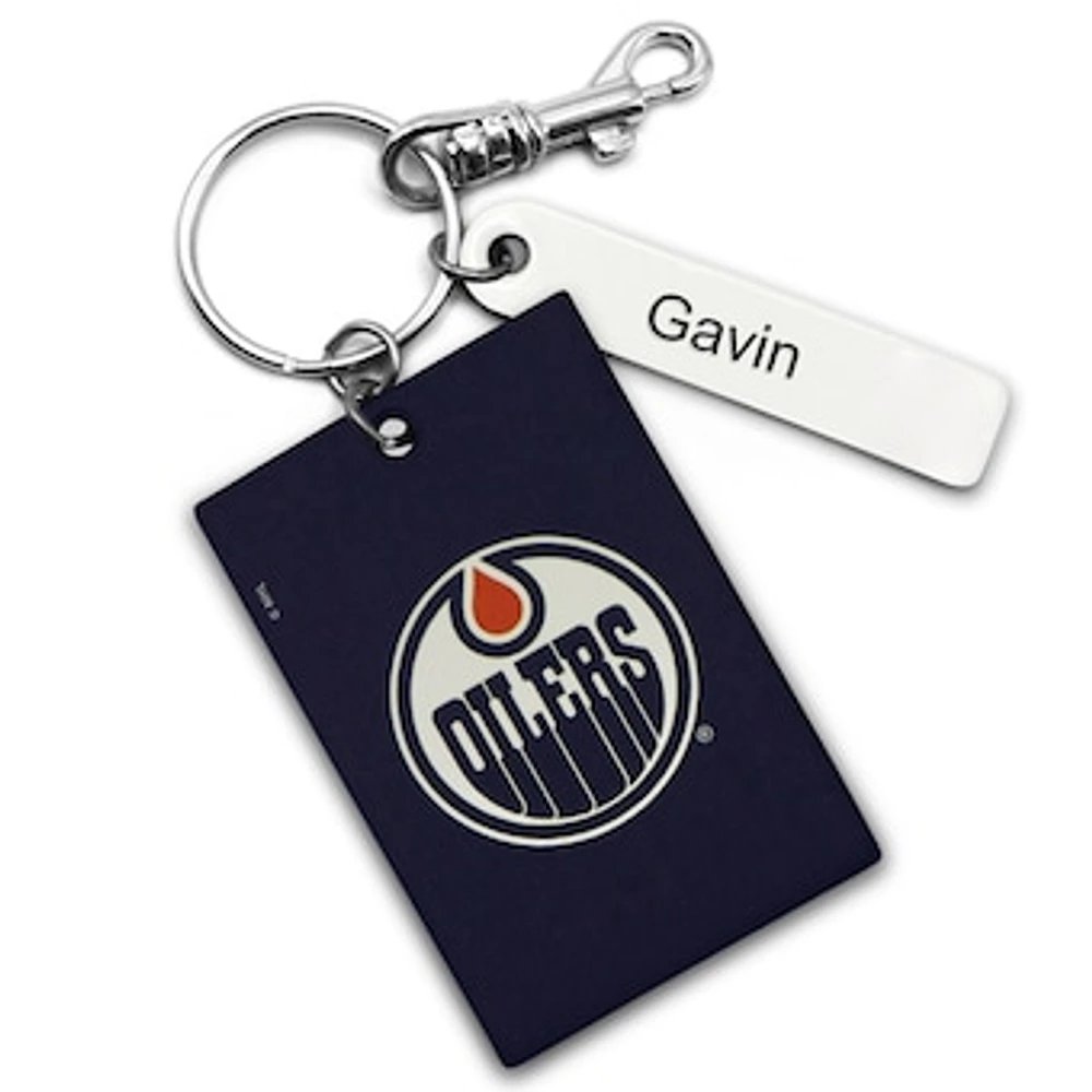 Navy Edmonton Oilers Personalized Leather Rectangle Keychain