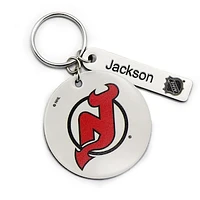 White New Jersey Devils Logo Personalized Leather Round Keychain