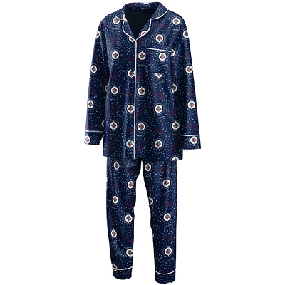 Women's WEAR by Erin Andrews Navy Winnipeg Jets Long Sleeve Button-Up Shirt & Pants - Sleep Set