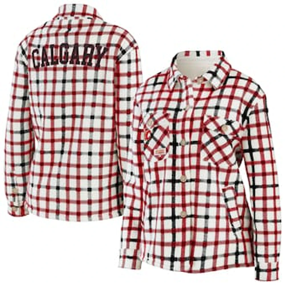 Women's WEAR by Erin Andrews Oatmeal Calgary Flames Plaid Button-Up - Shirt Jacket