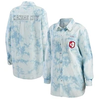 Women's WEAR by Erin Andrews Denim Kansas City Chiefs Chambray Acid-Washed Long Sleeve - Button-Up Shirt