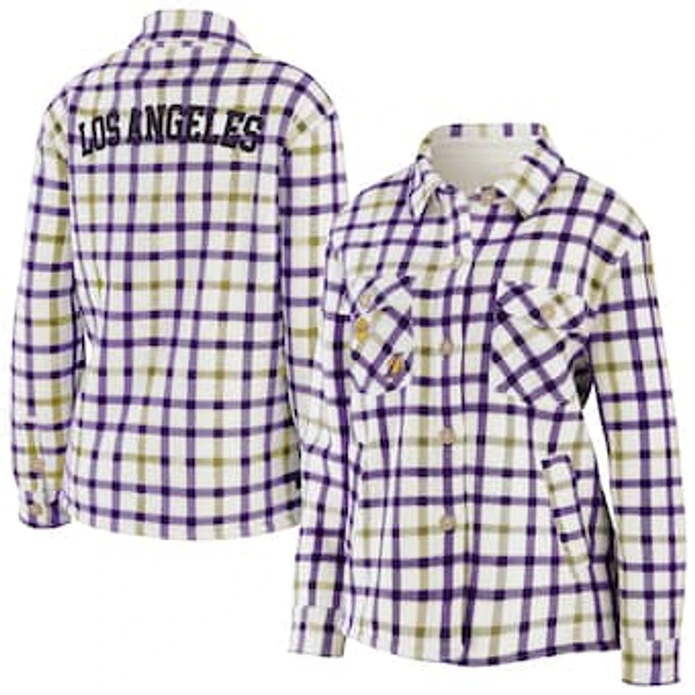 Women's WEAR by Erin Andrews Oatmeal/Purple Los Angeles Lakers Plaid - Button-Up Shirt Jacket