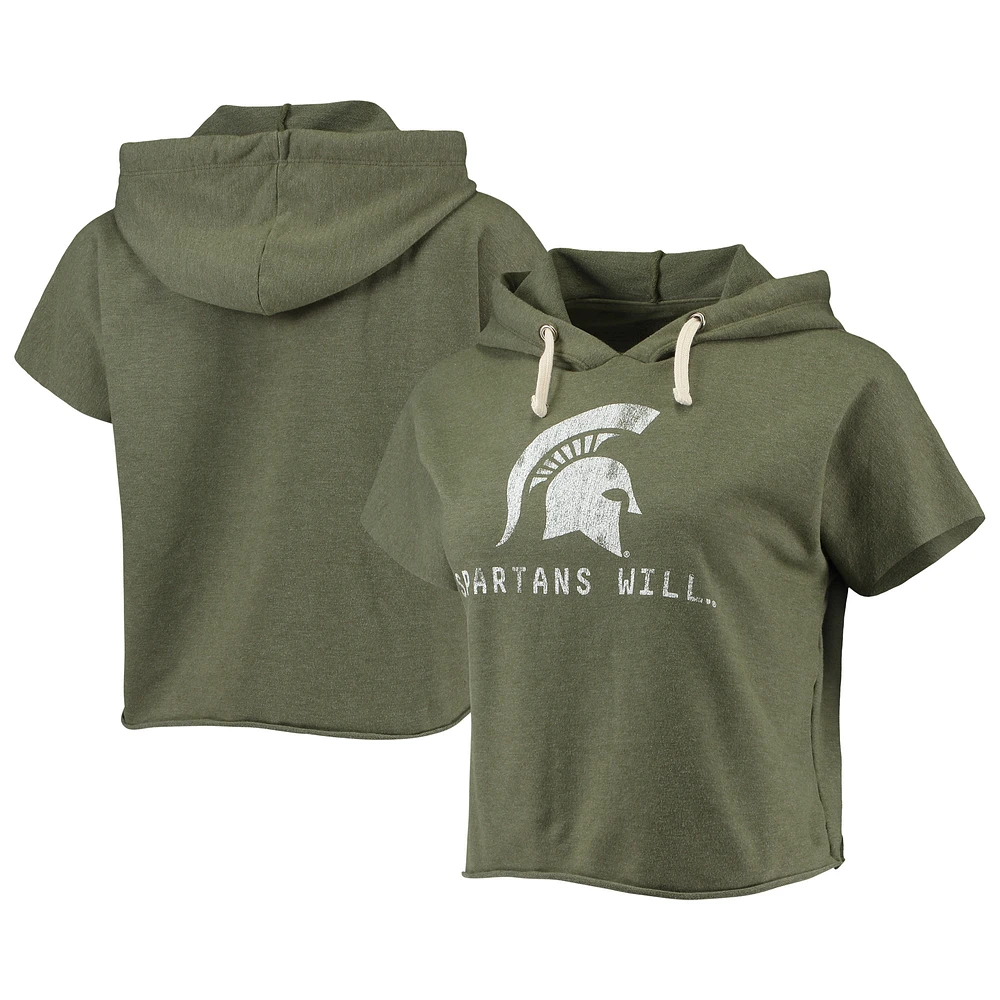 Women's Original Retro Brand Olive Michigan State Spartans Cropped Tri-Blend Short Sleeve Pullover Hoodie