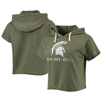 Women's Original Retro Brand Olive Michigan State Spartans Cropped Tri-Blend Short Sleeve Pullover Hoodie