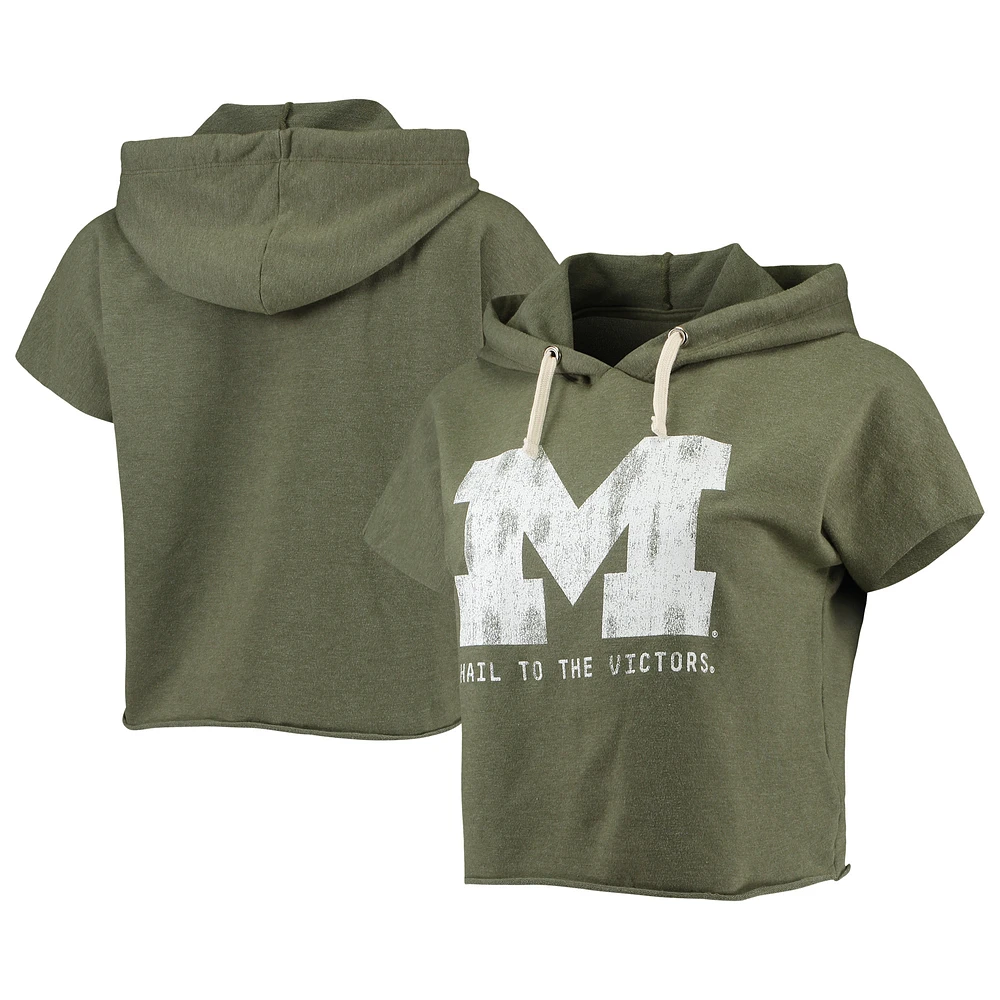 Women's Original Retro Brand Olive Michigan Wolverines Cropped Tri-Blend Short Sleeve Pullover Hoodie