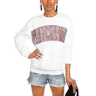 Women's Gameday Couture White Morehouse Maroon Tigers Distressed Snap Perfect Oversized Pullover Sweatshirt