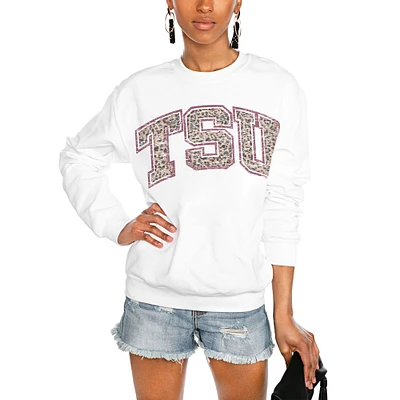 Women's Gameday Couture White Texas Southern Tigers Distressed Snap Perfect Oversized Pullover Sweatshirt