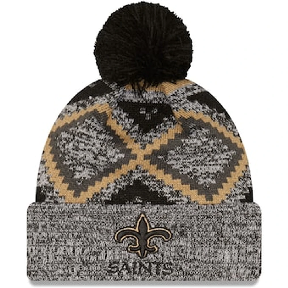 Men's New Era Black/Heathered Gray New Orleans Saints Grandpa Cuffed Knit Hat with Pom