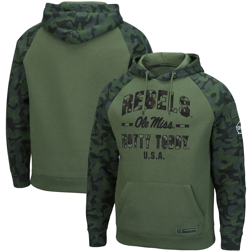 Men's Colosseum Olive/Camo Ole Miss Rebels OHT Military Appreciation Raglan Pullover Hoodie