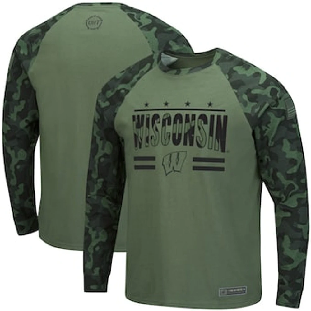 Men's Colosseum Olive/Camo Wisconsin Badgers OHT Military Appreciation Slim-Fit Raglan Long Sleeve T-Shirt