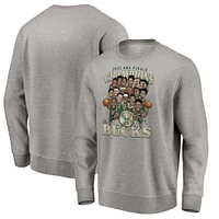 Men's Fanatics Heather Gray Milwaukee Bucks 2021 NBA Finals Champions - Team Caricature Roster Pullover Sweatshirt