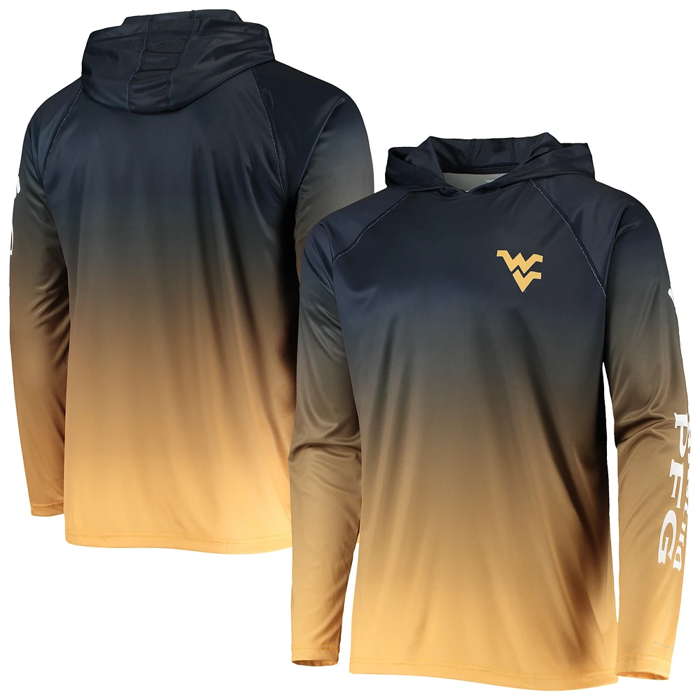 Men's Columbia PFG Navy West Virginia Mountaineers Terminal Tackle Omni-Shade UPF 50 Long Sleeve Hooded Top