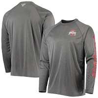 Men's Columbia Heather Charcoal Ohio State Buckeyes Terminal Tackle Omni-Shade Raglan Long Sleeve T-Shirt