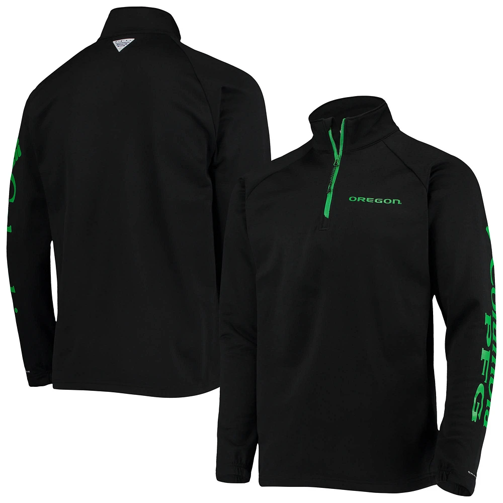 Men's Columbia Black Oregon Ducks Terminal Tackle Fleece Raglan Omni-Shade Quarter-Zip Jacket