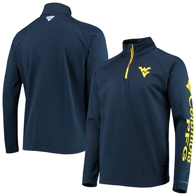 Men's Columbia Navy West Virginia Mountaineers Terminal Tackle Fleece Raglan Omni-Shade Quarter-Zip Jacket