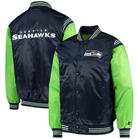 Men's Starter College Navy/Neon Green Seattle Seahawks Enforcer Satin Full-Snap - Varsity Jacket