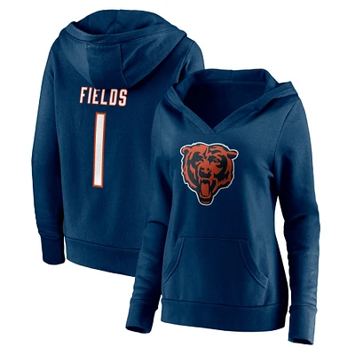 Women's Fanatics Justin Fields Navy Chicago Bears Player Icon Name & Number V-Neck Pullover Hoodie