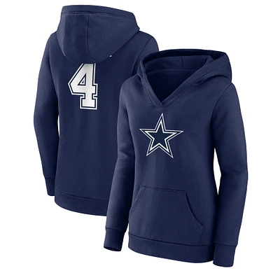 Women's Fanatics Dak Prescott Navy Dallas Cowboys Player Icon Name & Number V-Neck Pullover Hoodie