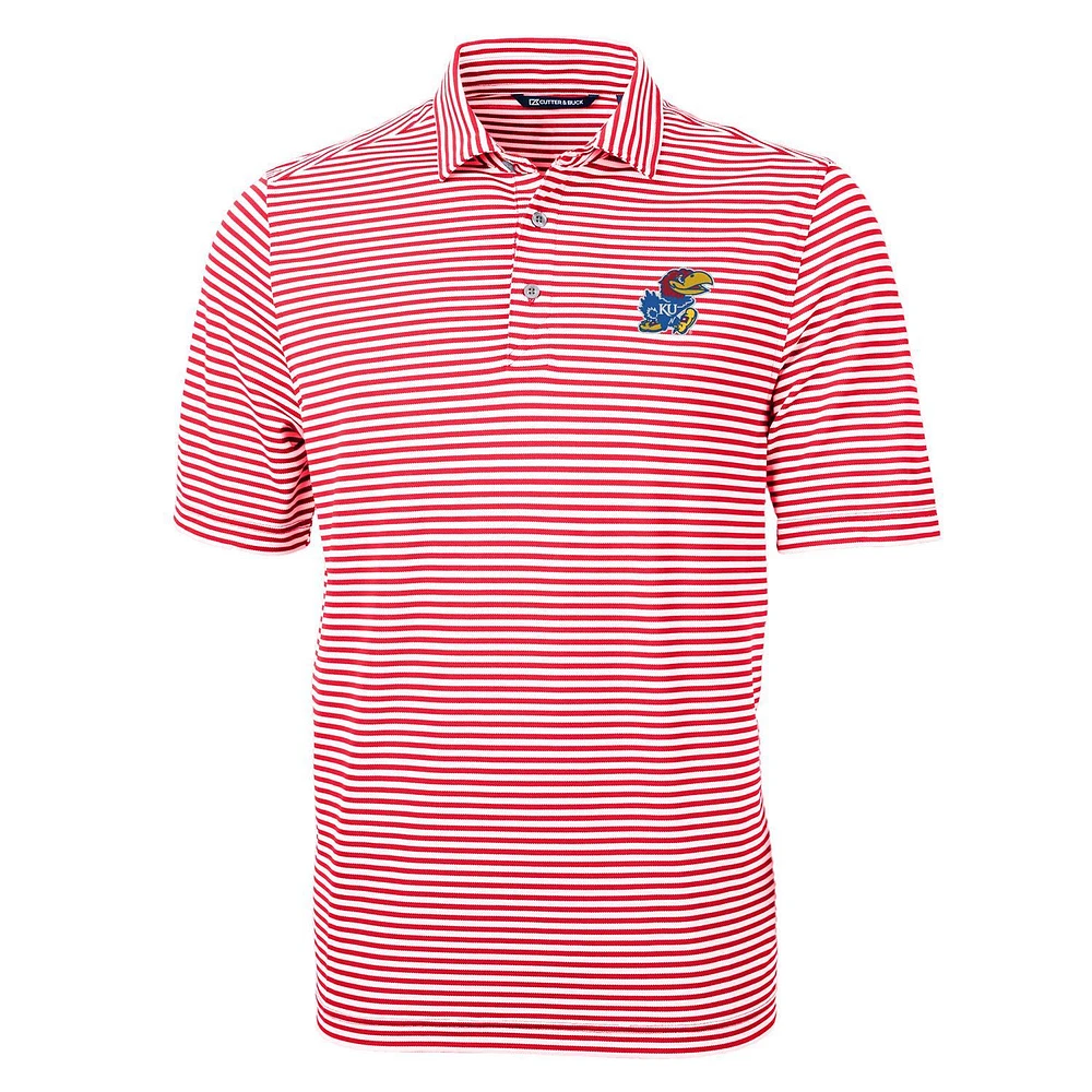 Men's Cutter & Buck Red Kansas Jayhawks Virtue Eco Pique Stripe Recycled Polo