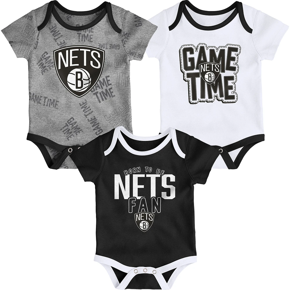 Infant Black/White/Heathered Gray Brooklyn Nets Trifecta - 3-Piece Bodysuit Set