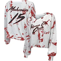 Women's Majestic Threads Patrick Mahomes White/Red Kansas City Chiefs Off-Shoulder Tie-Dye Name & Number Long Sleeve V-Neck T-Shirt