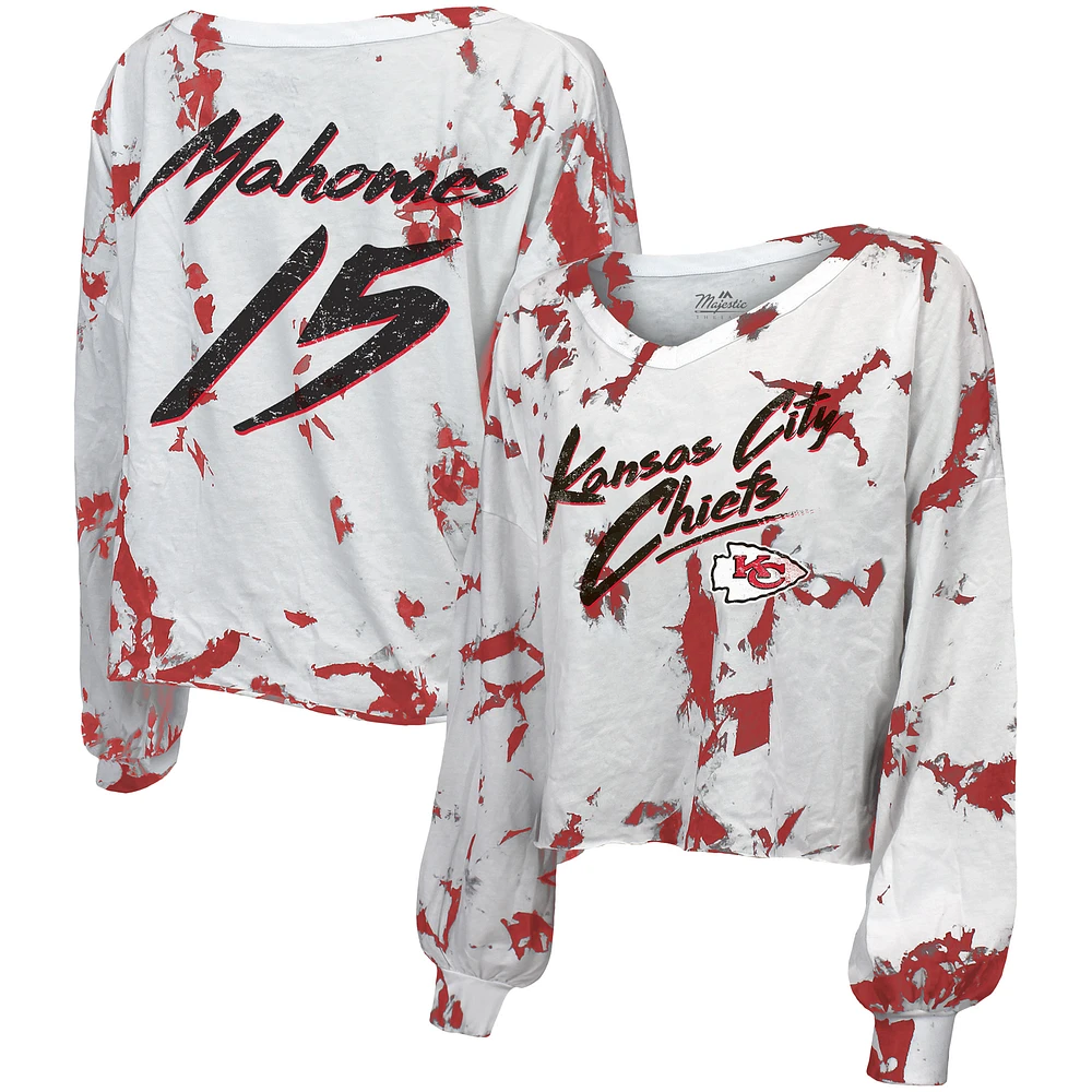 Women's Majestic Threads Patrick Mahomes White/Red Kansas City Chiefs Off-Shoulder Tie-Dye Name & Number Long Sleeve V-Neck T-Shirt