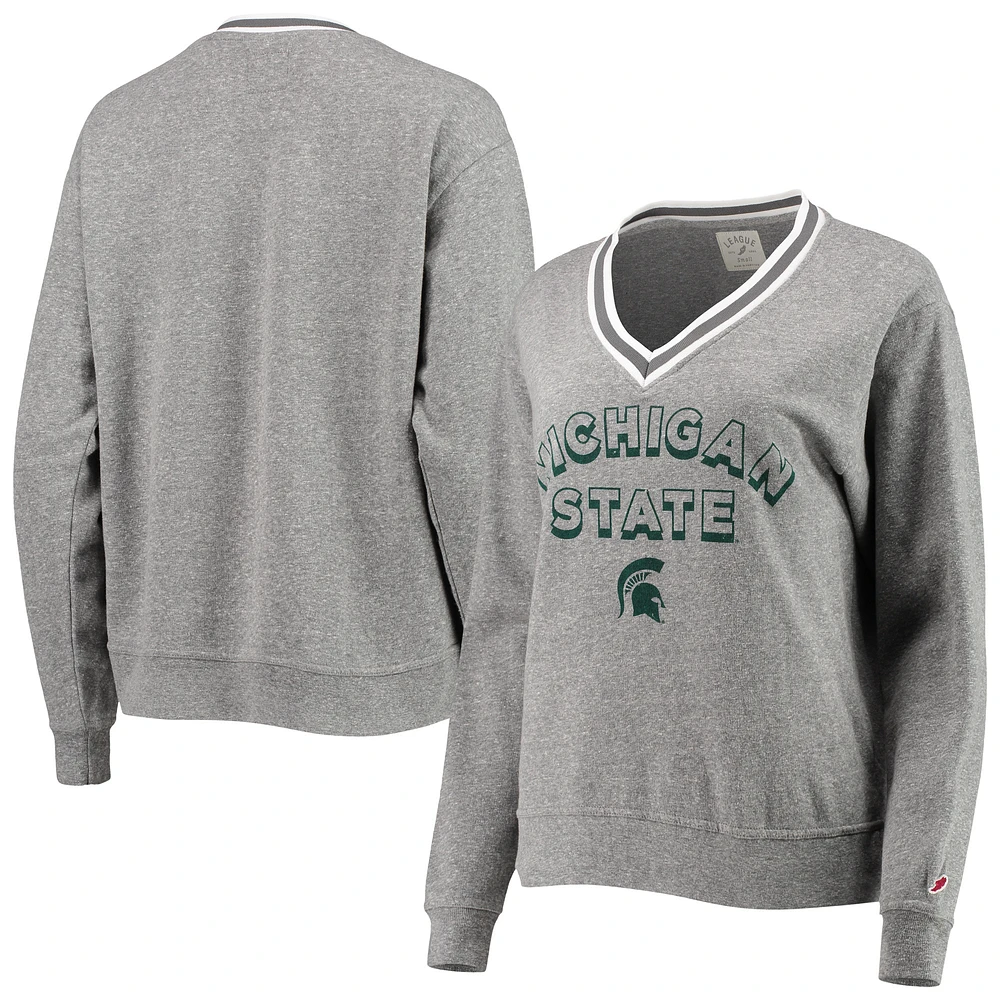 Women's League Collegiate Wear Heathered Gray Michigan State Spartans Victory Springs Tri-Blend V-Neck Pullover Sweatshirt
