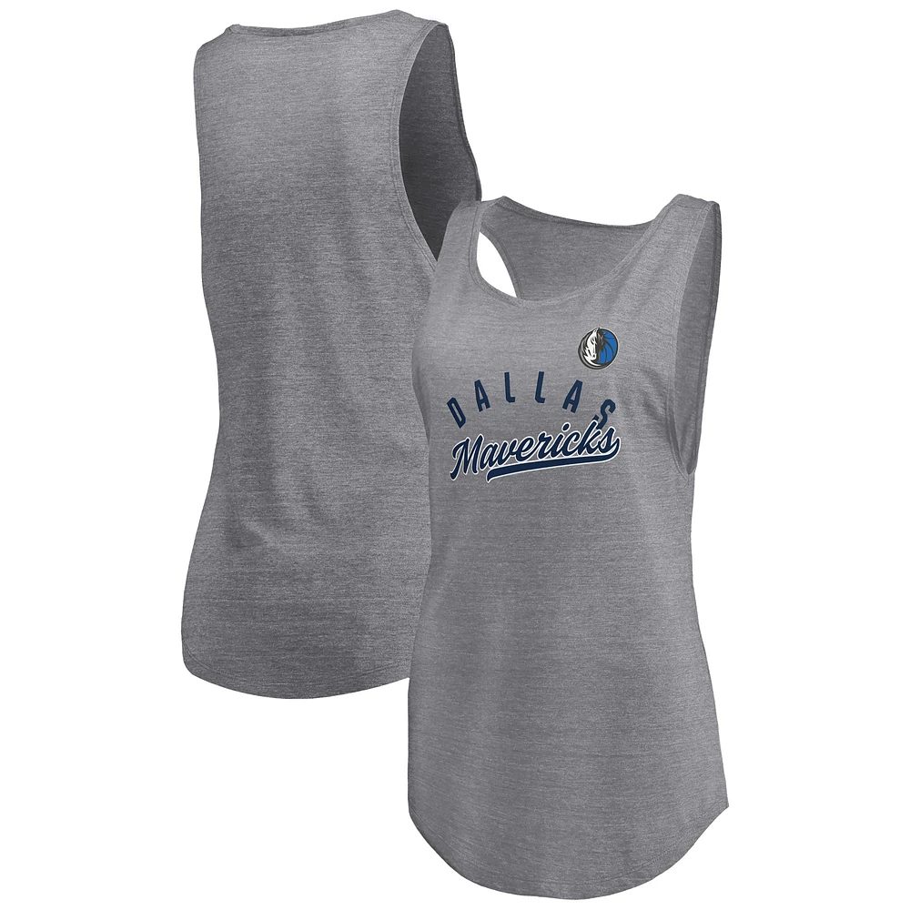 Women's Fanatics Heathered Gray Dallas Mavericks Quality Time Open Scoop Neck Tri-Blend Tank Top