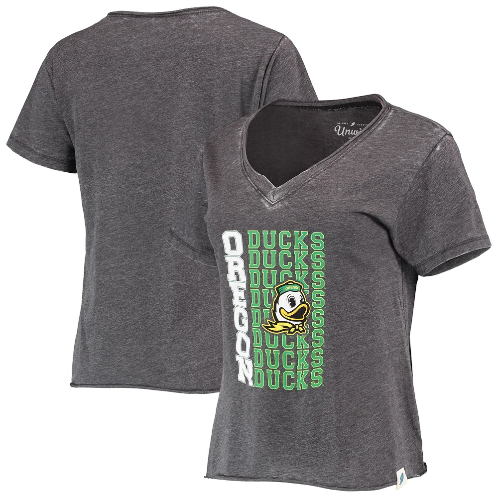 Women's League Collegiate Wear Heathered Black Oregon Ducks Burnout Loose Fit V-Neck T-Shirt