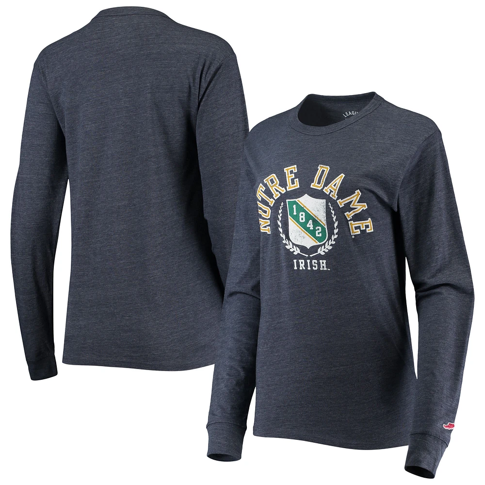 Women's League Collegiate Wear Heathered Navy Notre Dame Fighting Irish Seal Victory Falls Oversized Tri-Blend Long Sleeve T-Shirt