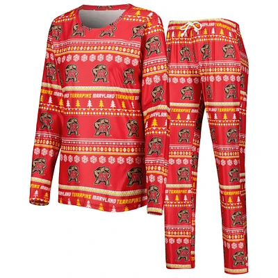 Women's Concepts Sport Red Maryland Terrapins Holiday Long Sleeve T-Shirt and Pants Sleep Set