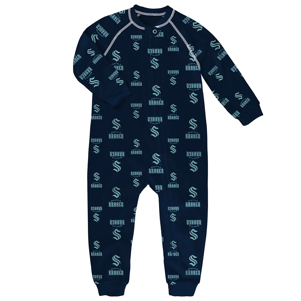 Toddler Navy Seattle Kraken Team Print Raglan Full-Zip Jumper Pajamas