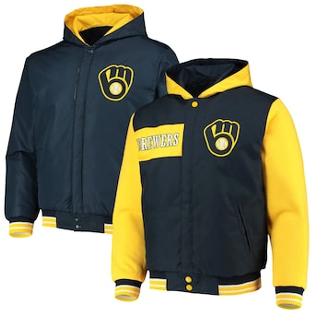 Men's JH Design Navy/Gold Milwaukee Brewers Reversible Poly Twill Full-Snap Hoodie Jacket