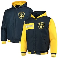 Men's JH Design Navy/Gold Milwaukee Brewers Reversible Poly Twill Full-Snap Hoodie Jacket