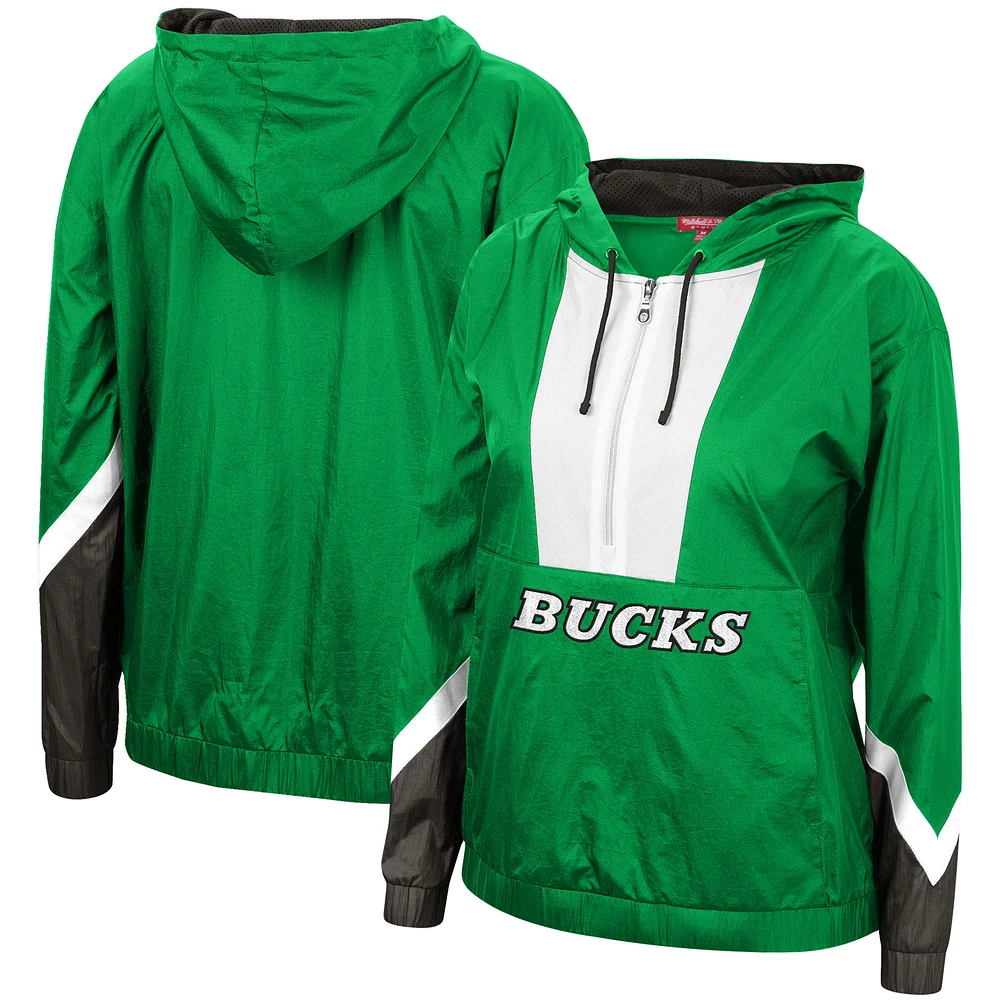 Women's Mitchell & Ness Green Milwaukee Bucks Half-Zip Windbreaker 2.0 Hoodie