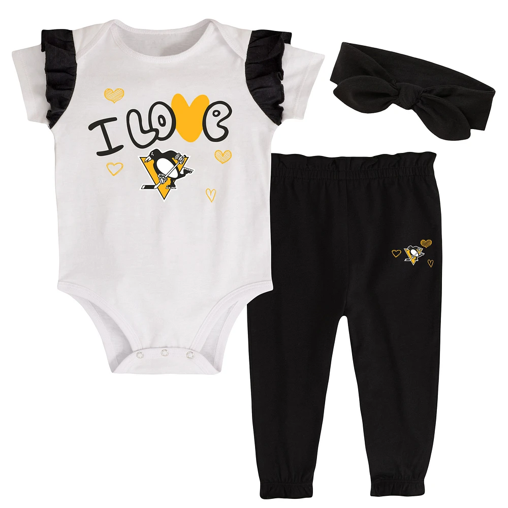 Girls Infant White/Black Pittsburgh Penguins I Love Hockey Bodysuit Pants & Headband Set