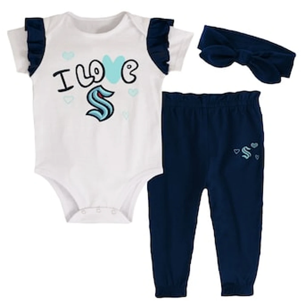 Girls Infant White/Deep Sea Blue Seattle Kraken I Love Hockey Bodysuit Pants & Headband Set