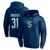 Men's Fanatics Philipp Grubauer Deep Sea Blue Seattle Kraken Authentic Stack Player Name & Number Fitted Pullover Hoodie