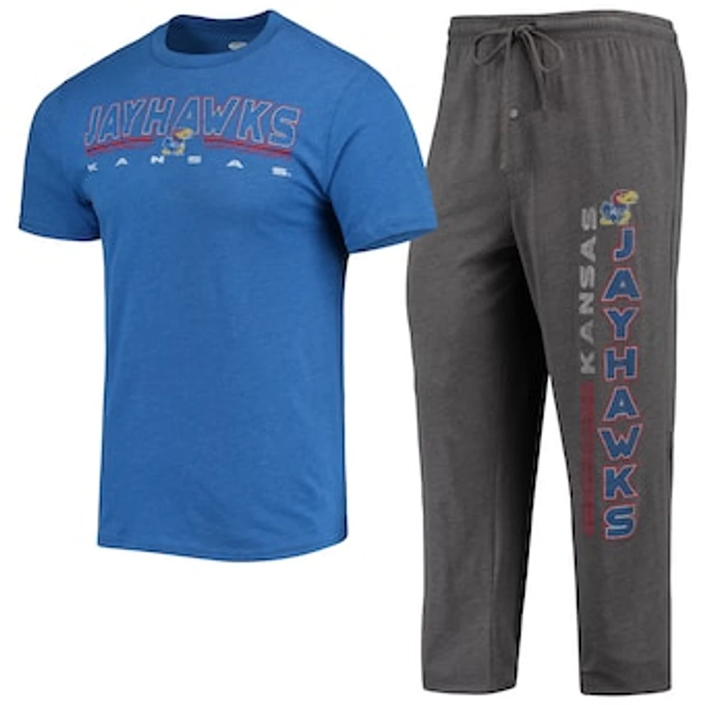 Men's Concepts Sport Heathered Charcoal/Royal Kansas Jayhawks Meter T-Shirt & Pants Sleep Set