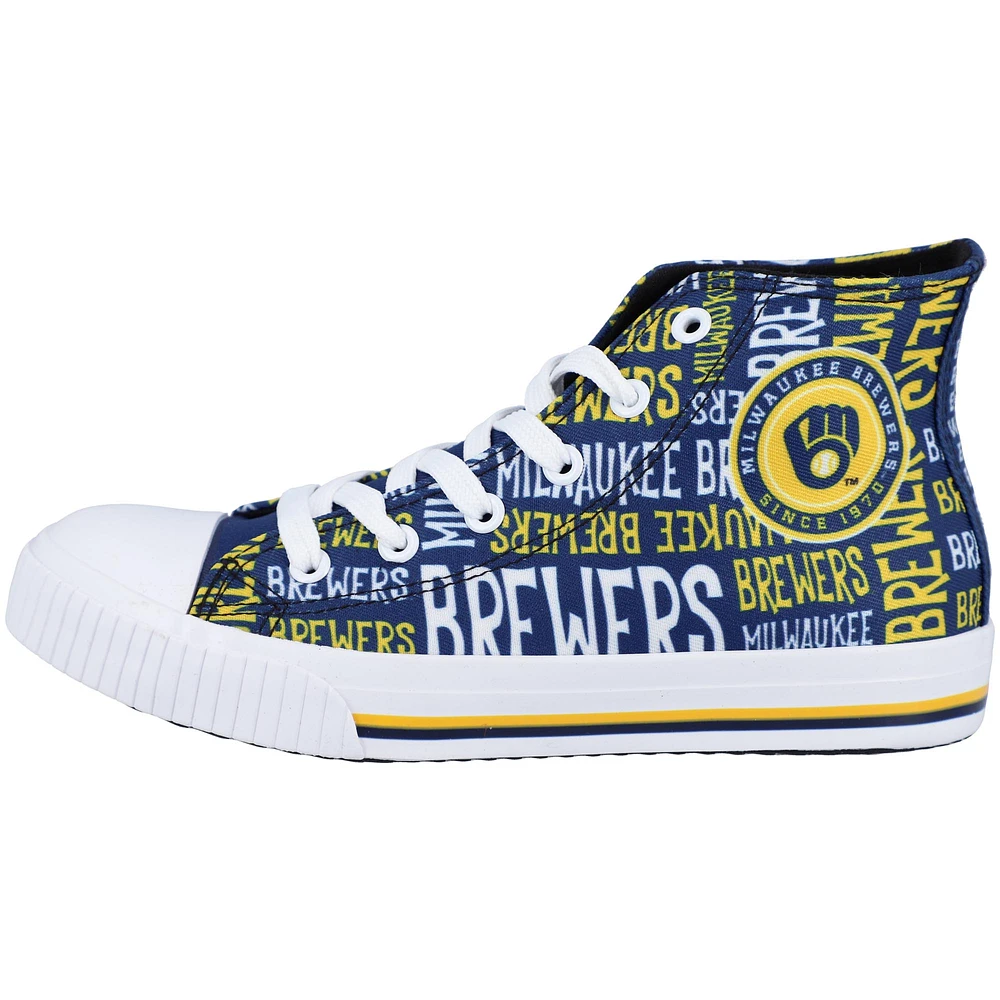 Youth FOCO Navy Milwaukee Brewers Repeat Wordmark High Top Canvas Allover Sneakers