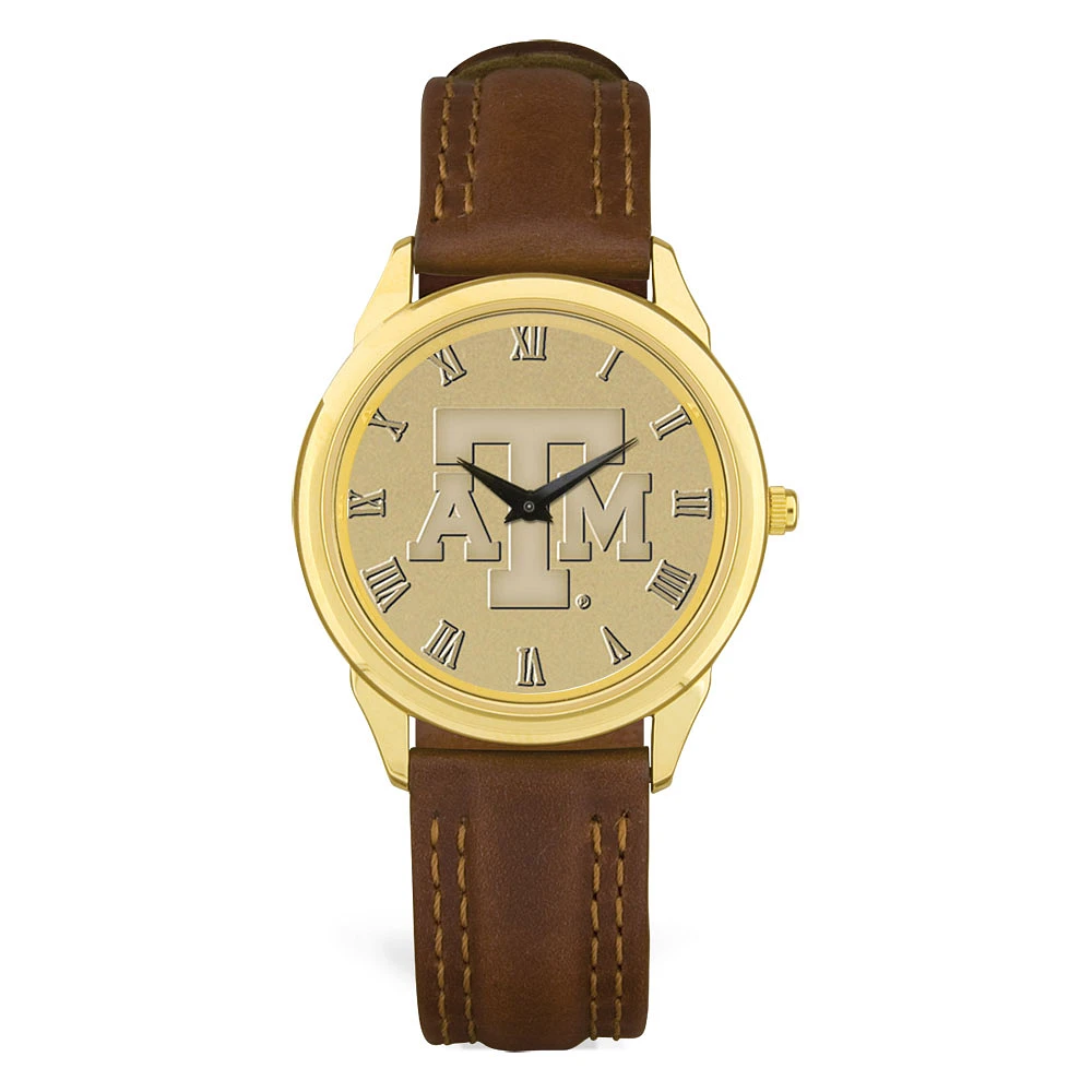 Men's Gold Texas A&M Aggies Medallion Brown Leather Wristwatch
