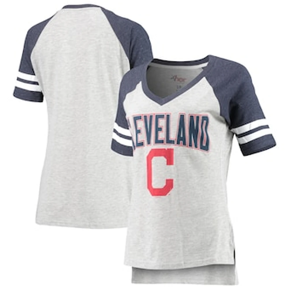 Women's G-III 4Her by Carl Banks Heathered Gray/Navy Cleveland Indians Team Goal Line Raglan V-Neck T-Shirt