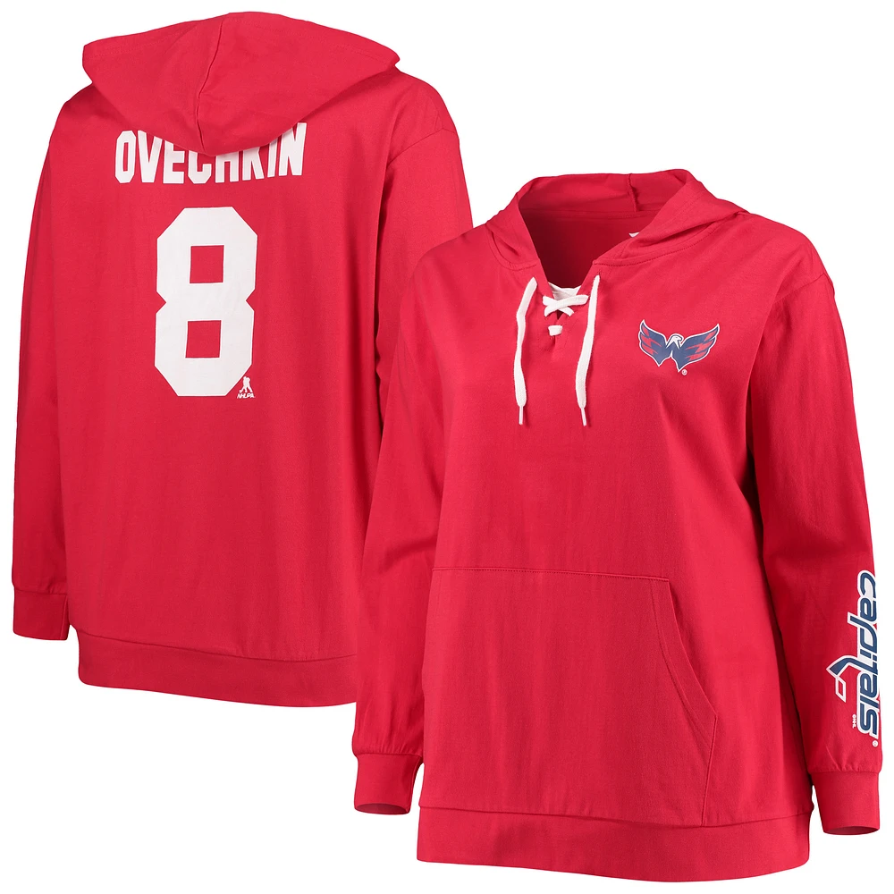 Women's Alexander Ovechkin Red Washington Capitals Plus Size Lace-Up V-Neck Pullover Hoodie