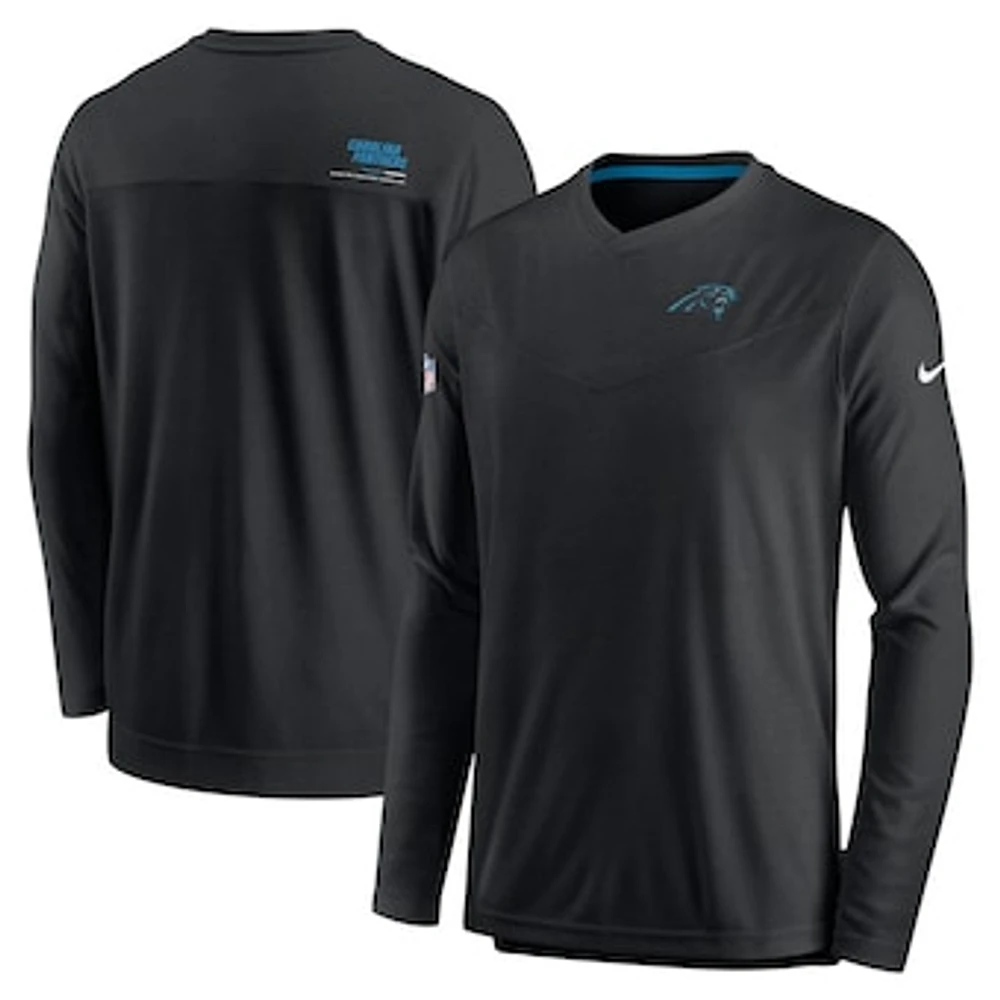 Men's Nike Black Carolina Panthers Sideline Coach Chevron Lock Up Long Sleeve V-Neck Performance T-Shirt