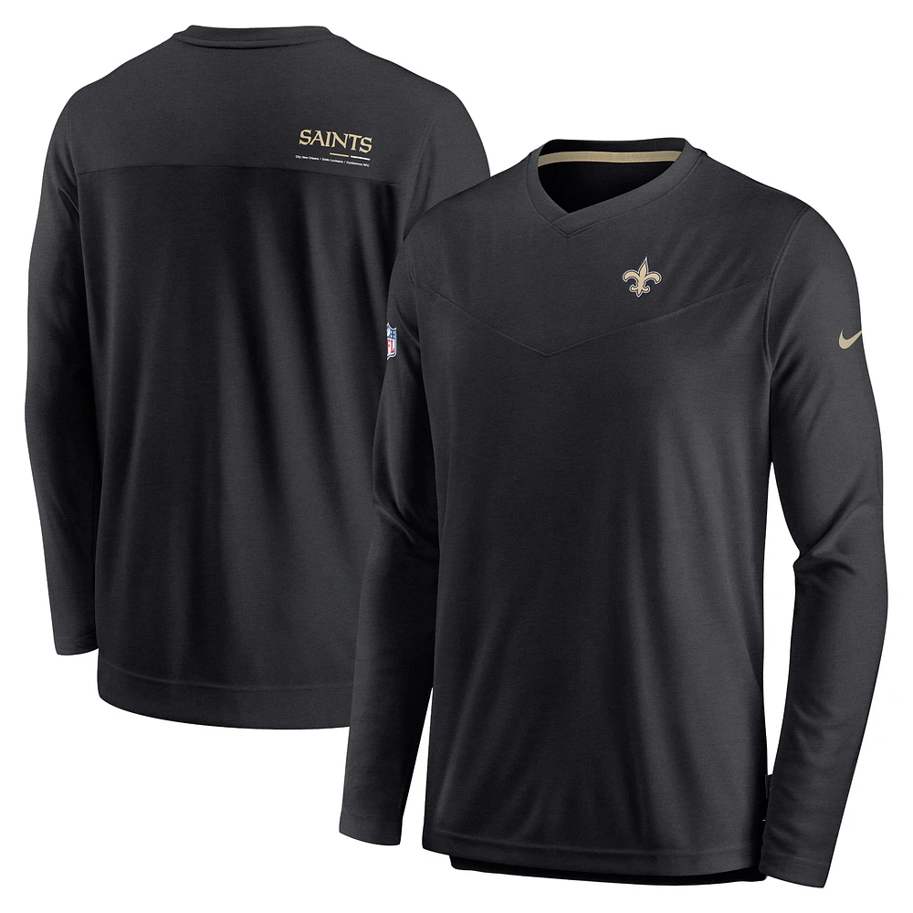 Men's Nike Black New Orleans Saints Sideline Coach Chevron Lock Up Long Sleeve V-Neck Performance T-Shirt