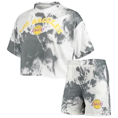 Women's White/Black Los Angeles Lakers Tie-Dye Crop Top & Shorts Set