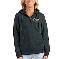 Women's Antigua Heathered Charcoal New York Jets Action Half-Zip Hoodie